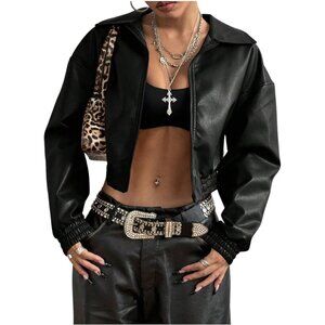 Women's Black Solid Leather Zip Up Motorcycle Long Sleeve Drop Shoulder Jacket